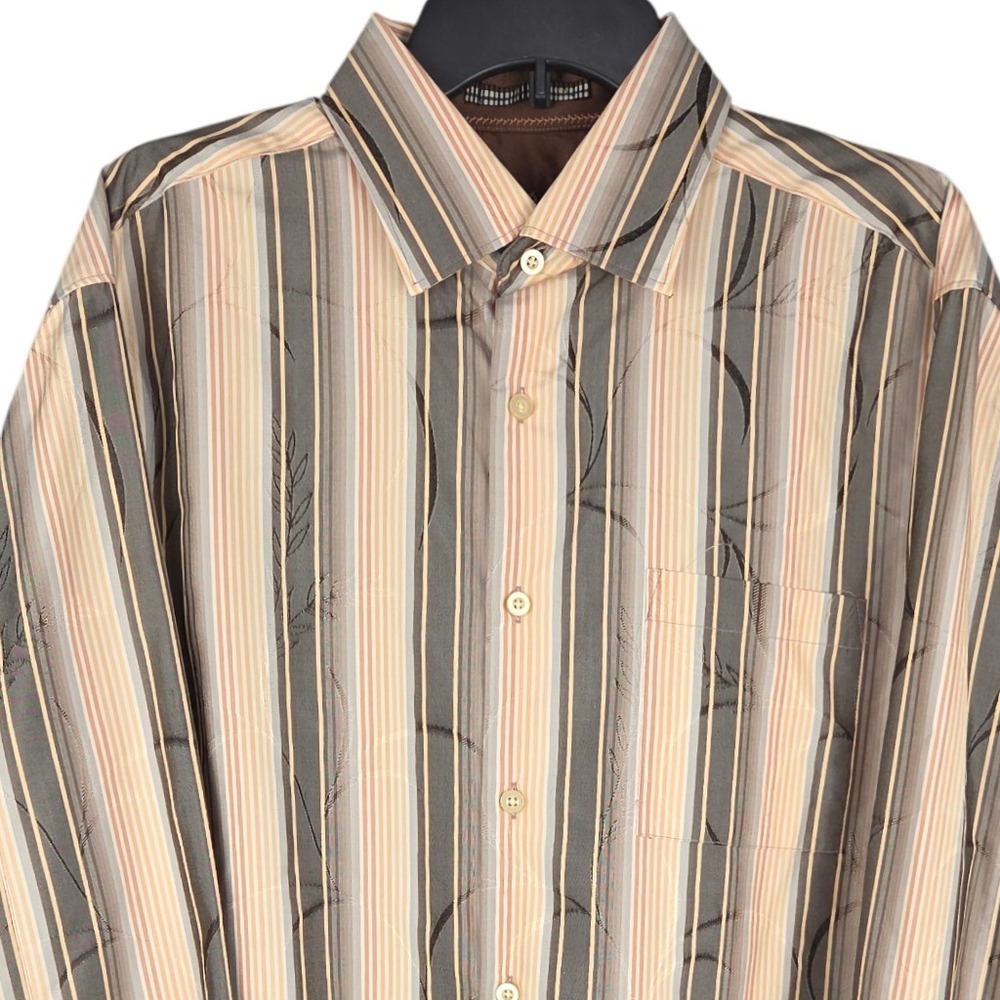 Tommy‎ Bahama Men's Large 100% Silk Brown Tan Stripe Button Up Shirt Leaf Print